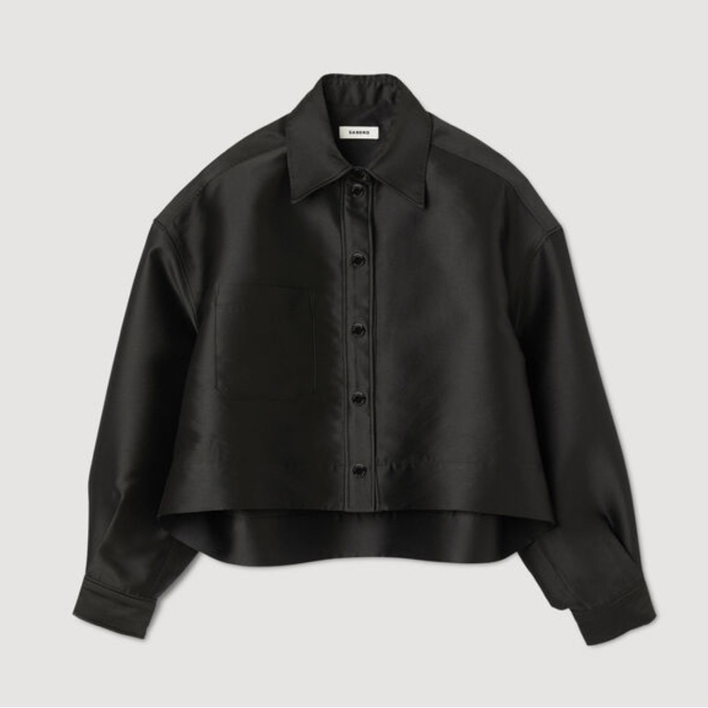 Sandro Satin Effect Oversized Cropped Elegant Black Button-Up Jacket Shirt